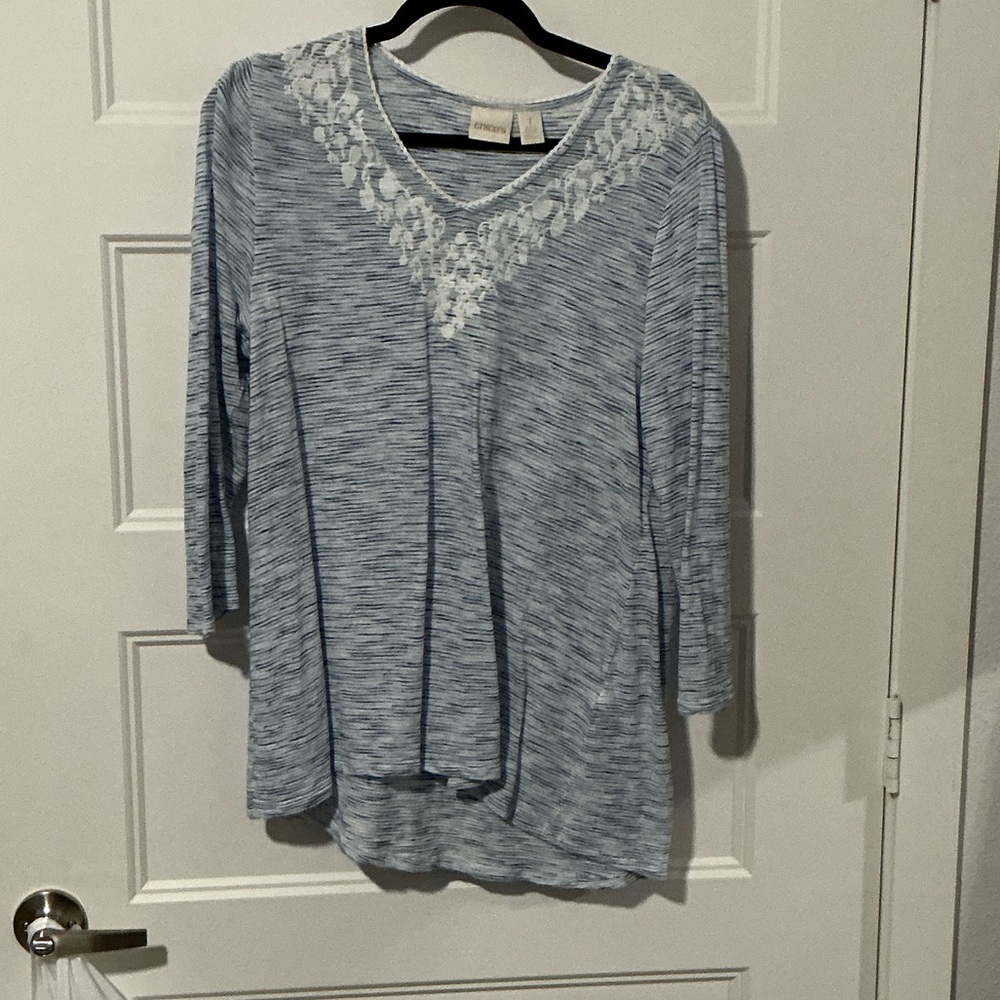Chico's Heathered Light Blue V-Neck Top with Lace Trim